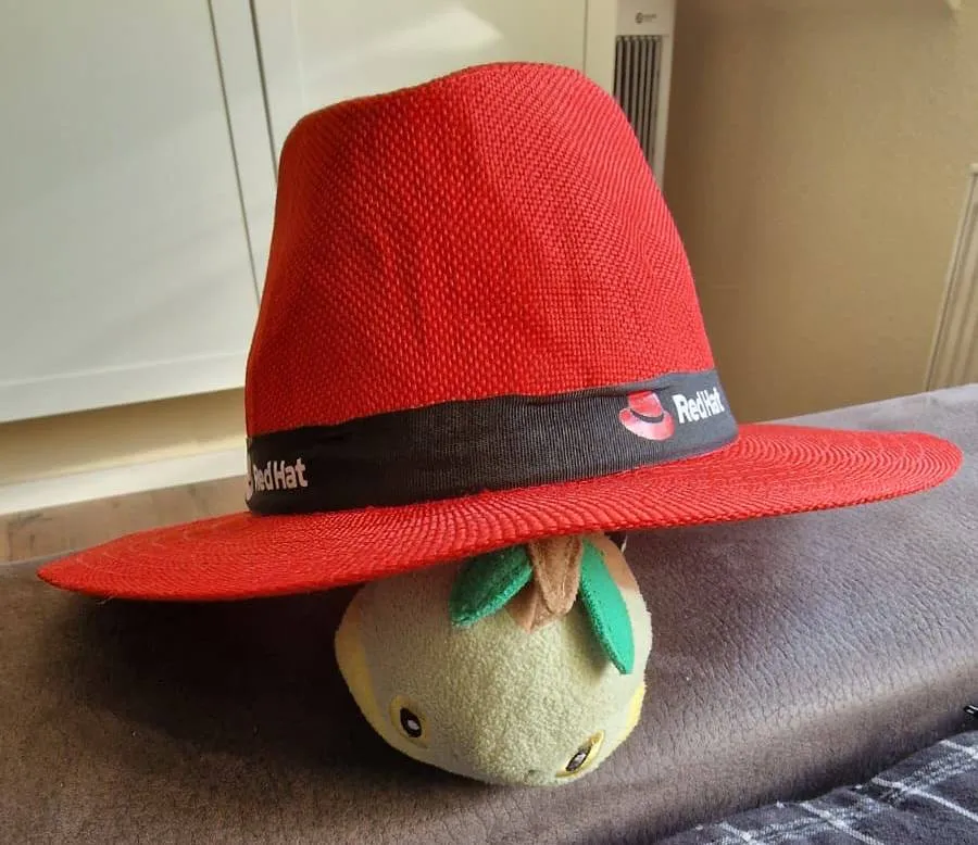 RedHat hat and a Chelast plushie, part of the swag haul